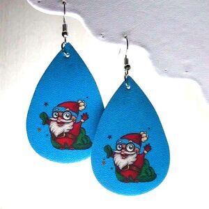 Blue Santa PU Leather Holiday Teardrop Earrings